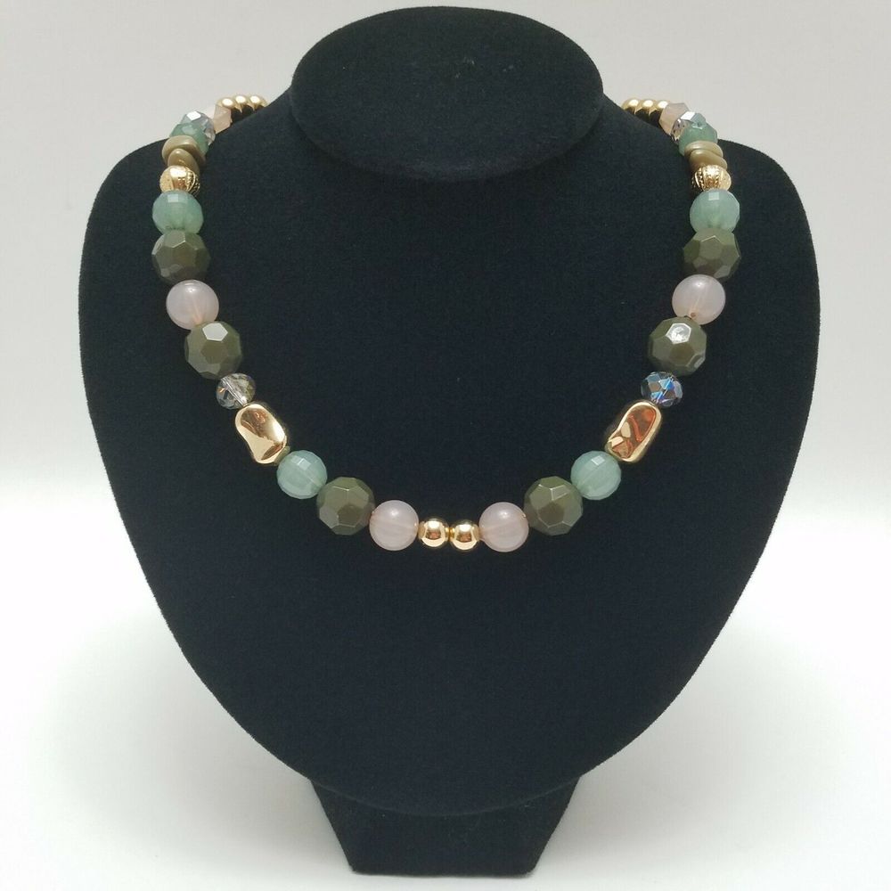 C1946 Goldtone & Green Polymer Bead Necklace 20" w/ 3" Extension Boho Earthy